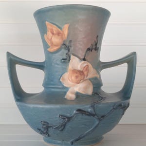 Vintage Roseville Pottery Vase: Blue Magnolia Pattern, Double Handled