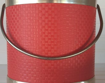 Vintage MCM Red Woven Ice Bucket with Gold Trim
