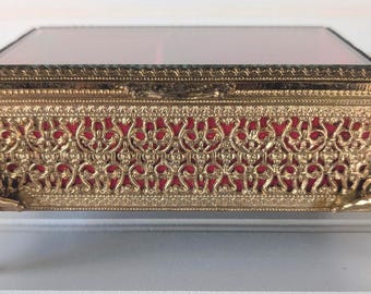 Vintage Ormolu Music Jewelry Box: Cherub-Footed Hollywood Regency Gold Filigree