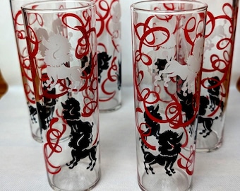 1950's MCM Black and White Poodle Highball/Collins Glasses Set of Six