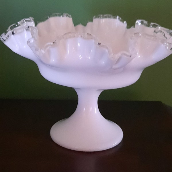 Vintage Large Fenton Milk Glass Silver Crest Ruffled Edge Pedestal Compote Bowl,Vintage Fenton