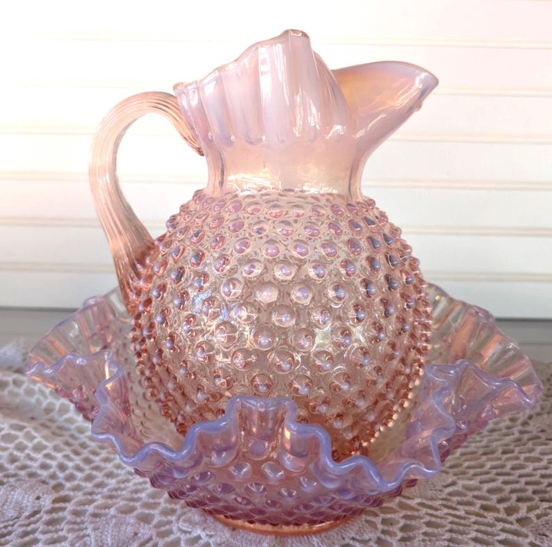 Vintage Large Fenton Pink Opalescent Hobnail Glass Bowl and Pitcher ...