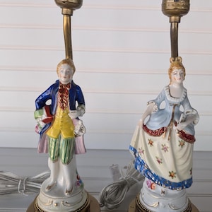 Pair of Vintage Porcelain Figurine Boudoir Lamps, Figural Bedroom Lamps, Collectible Victorian style Lamps,Porcelain and Brass Lamps