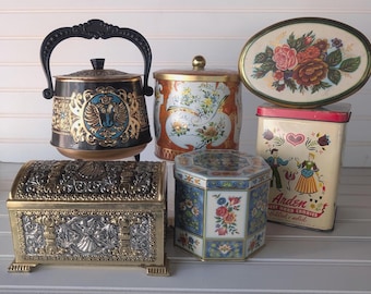 Various Unique Vintage Lidded Tins,Storage Containers