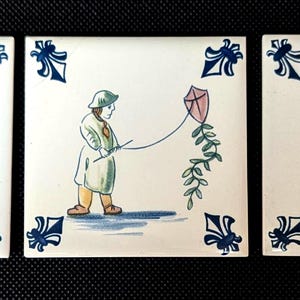 Vintage Set of 3 Delft Blue Polychrome Tile Coasters,Vintage Home Decor