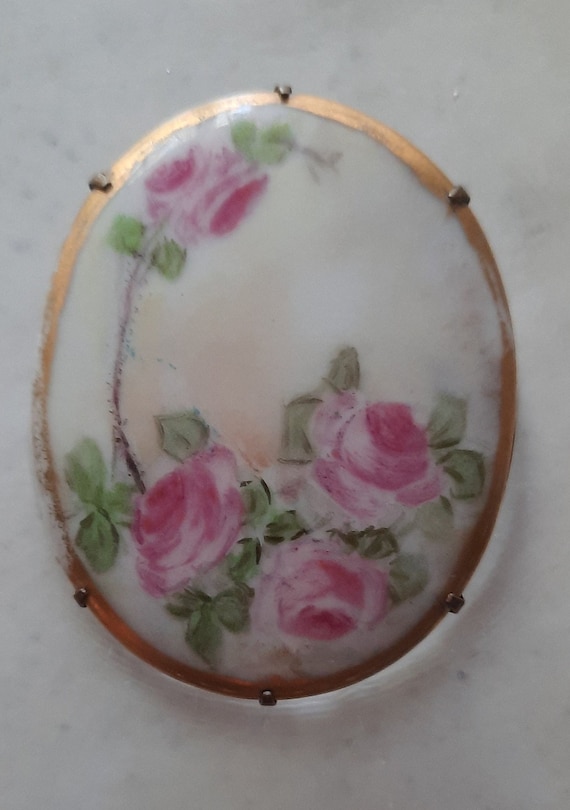 Antique Hand Painted Pink Roses Brooch