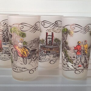 Set of 4 Currier and Ives Frosted Glasses,Drinking Glasses,Bar Glasses,Currier And Ives