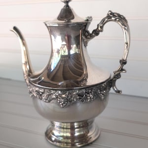 May include: A silver-colored, ornate teapot with a curved spout and handle. The teapot features a decorative grape vine design around the base and a lid with a small finial. The polished surface reflects the surrounding environment.