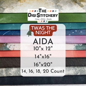 May include: A stack of Aida cross stitch fabric in various colors and patterns, including mottled earth tones, solid green, blue, pink, orange, brown, gray, and black. Text reads The Digi Stitchery, Twas The Night, Aida, 10x12, 14x16, 16x20, 14, 16, 18, 20 Count.