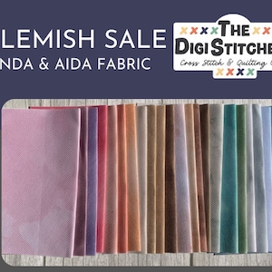 May include: A display of various colored Linda and Aida fabric pieces. The fabrics range in color from light pink to deep teal, with a textured appearance. The text "BLEMISH SALE" and "LINDA & AIDA FABRIC" are visible, along with the logo for "The Digi Stitchery".