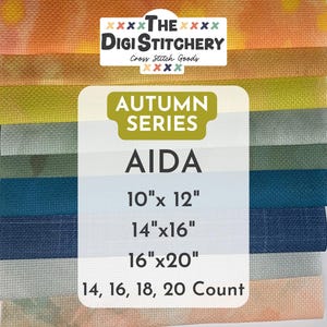 May include: A stack of Aida cross stitch fabric in various colors including orange, yellow, green, blue, and grey. The text reads The Digi Stitchery, Autumn Series, Aida, 10x12, 14x16, 16x20, and 14, 16, 18, 20 Count. The fabric has a woven texture.