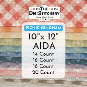 May include: A stack of 10 inch by 12 inch Aida fabric in various colours and counts, including 14, 16, 18, and 20 count. The fabric is labelled "Picnic Gingham" and is for cross stitch projects.