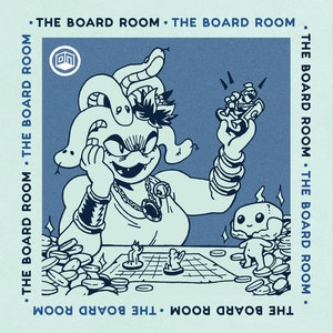 May include: A blue and white illustration featuring a Medusa-like character with snakes for hair, holding a small figurine. The image includes a board game, coins, and the text "THE BOARD ROOM" around the border. The style is reminiscent of a vintage comic book.