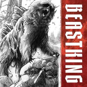 May include: A black and white illustration of a monster with a spiky back and a furry body, standing over a stone face. The word "BEASTING" is printed in white on a red background.