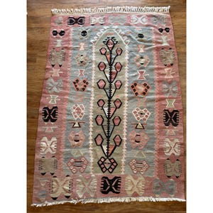Hand-Woven Turkish Kilim Wool Tapestry/Rug with Geometric Designs
