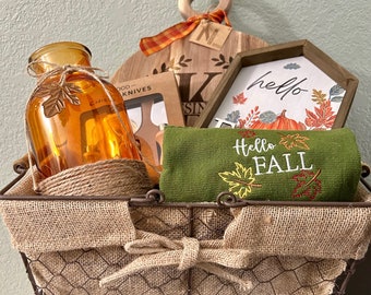 Fall Gift Basket with Personalized Charcuterie Board and Utensils