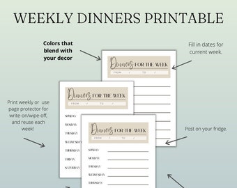 Dinners for the Week List Printable, Weekly Menu Planner, Menu for the Week, List of Suppers for the Week
