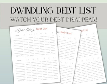 Dwindling Debt List, Monthly Debt Tracker (Printable PDF)