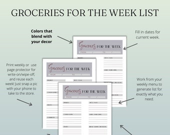 Weekly Grocery List Printable, Meal Planning, Household Shopping (Digital Download)