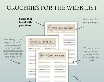 Weekly Grocery List Printable, Food Categories (Digital Download)