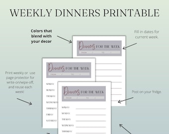 Dinners for the Week List Printable, Weekly Menu Planner, Menu for the Week, List of Suppers for the Week