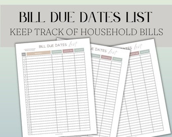 Bill Due Dates Tracker, Printable Bill Organizer (PDF)
