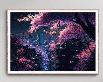 Cyberpunk Japan City with Neon Cherry Blossom Wall Art - Printable Poster for Home Decor - Digital Download