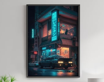 Calle nocturna ciberpunk japonesa con coche de carreras - Póster imprimible para decoración del hogar - Póster digital imprimible