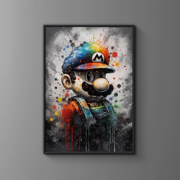 Afdrukbare poster van Super Mario: Splatter Art Style - Iconische Gaming Wall Art - Fan Art Home Decor