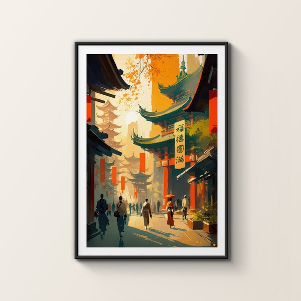 Vibrant Temple Art Print - Affordable Oriental Poster, Traditional Asian Street Decor, Expressive Home Decoration - Chinese poster