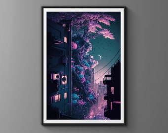 Cyberpunk Japan City with Neon Cherry Blossom Wall Art - Printable Poster for Home Decor - Digital Download Synthwave Retro Wave Art