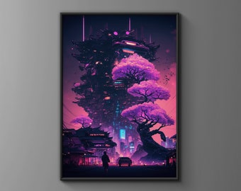 Cyberpunk Synthwave City with Cherry Blossom - Futuristic Sakura Poster for Home Decor - Digital Download Wall Art