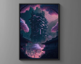 Poster Sakura Nights - Cyberpunk Synthwave inspired by Neo Tokyo and Japanese Sakura Festival - Perfect for Home Decor and Interior Design