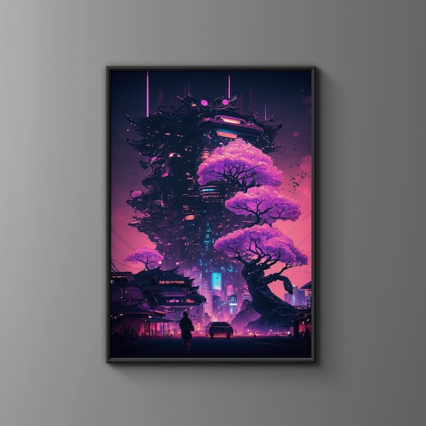 Cyberpunk Sakura Tower Poster - Synthwave Cherry Blossoms Art, Neo Tokyo Skyline Decor, Japanese poster - Festival Inspired Wall Print
