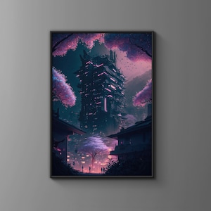 Poster Sakura Nights - Cyberpunk Synthwave inspired by Neo Tokyo and Japanese Sakura Festival - Perfect for Home Decor and Interior Design