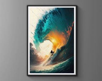 Printable Surf Poster of a Giant wave | Digital surf art, surfer digital illustration for coastal home decor, surf wall art