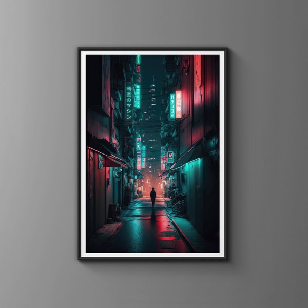 Cyberpunk Tokyo Street Art, Printable Neon-Lit Urban Scene, Atmospheric Sci-Fi Wall Decor - Japanese poster