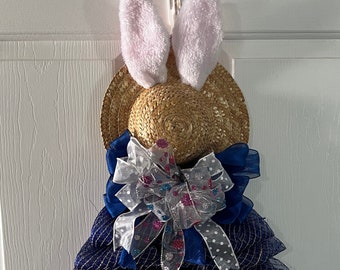 Easter Bunny Wreath, Navy Blue Easter Rabbit, Mothers Day Gift, Spring Décor, Straw Hat, Lace, Indoor/ Outdoor, Free Shipping