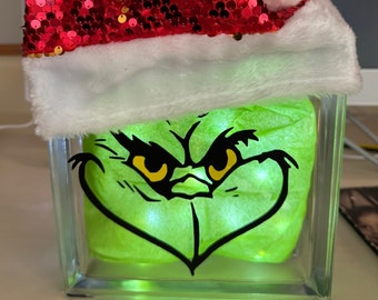 Green Monster lighted glass block! Cute Christmas gift, can be turned on and off. 8x8 in square, Nice mantel or shelf sitter!