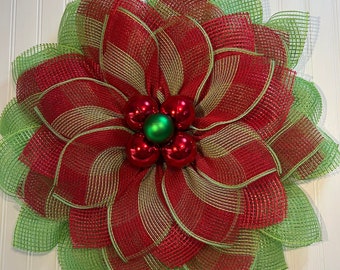 Christmas Red & Green Poinsettia Wreath! Christmas bulb Center! Waterproof!  indoor or outdoor. Free Shipping!