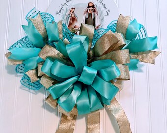 Christmas wreath! Mary’s boy child was born on Christmas Day! Light blue and gold ribbons and vinyl sign! Free Shipping!