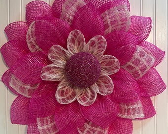 Hot Pink and Cream flower wreath with glittery center. Beautiful Wall Hanging,  Free Shipping!