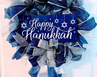 Happy Hanukkah Wreath! Beautiful blue and silver! Door or Wall decor! Great gift! Free Shipping!