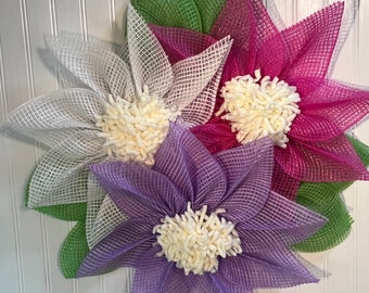 Clematis Triple Flower Wreath! Purple,Pink, White flowers with Green Leaf Accents. Unique design! Free shipping!