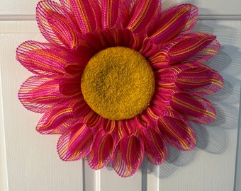 Pink with yellow stripes Wreath. Yellow faux center. Daisy design, Bright colors, Great gift! Inside or outside. Free Shipping!