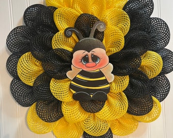 Bumblebee wreath, very cute, unique Yellow and  Black poly burlap mesh. Circle 21 in Diameter. Hand painted face by an artist. Free shipping