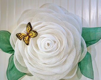White Rose Wreath. Embellished with butterfly. Darker green leaves. Wonderful Mother’s Day or anniversary gift. Free Shipping!