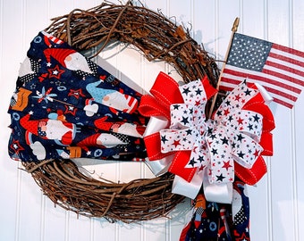 Americana Grapevine wreath. Gnomes,Red White and Blue. USA flag. Stars and Stripes. Free Shipping!
