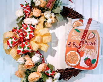 Strawberry and Ice Tea Grapevine Wreath. Blush and White Roses yellow gingham check ribbon. Free Shipping.