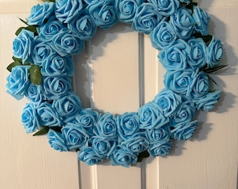 Blue foam Roses wreath! Valentine’s Day, Easter,Mother’s Day, spring wreath. Can be displayed inside or out. Free Shipping!